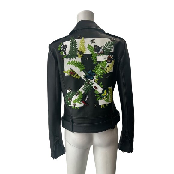 Off-White RARE Black Leather Beaded Green Floral Insect Moto Jacket size IT 44/8 - Picture 1 of 14